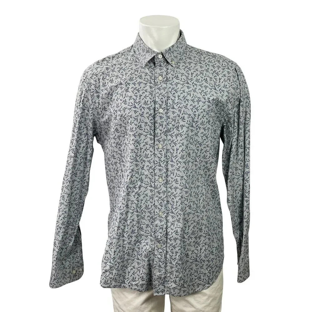 Banana Republic Men Gray Blue Leaf Slim Oxford Long Sleeve Button Up Shirt Top L